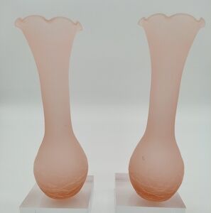 Pair 6" Crackle Glass Bud Vases Pastel Pink Hour Glass Shape
